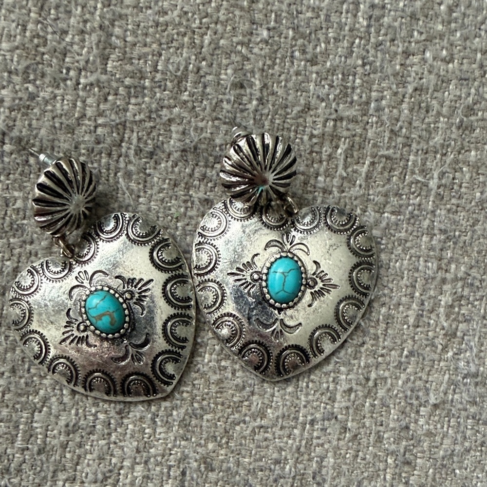 Silver Heart Earrings with Turquoise Accent